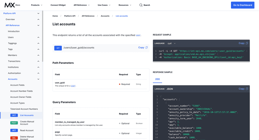 Screenshot of the API reference page of the new MX docs site