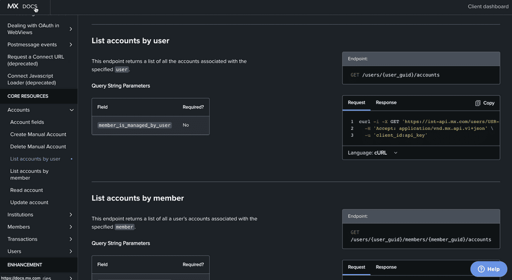 Screenshot of the API reference page of the old MX docs site